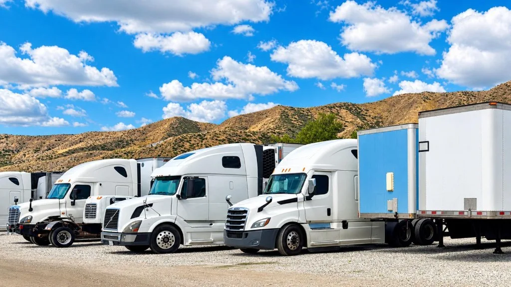 Row of white commercial semi-trucks and trailers parked at the APK UNITED GROUP storage yard in Santa Clarita